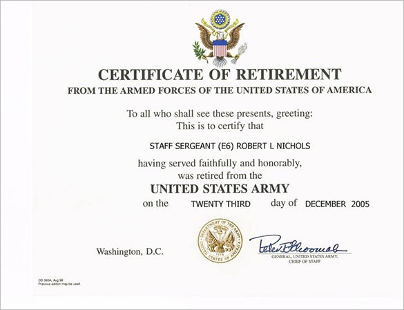 Sample Retirement Certificate Template Template Pages