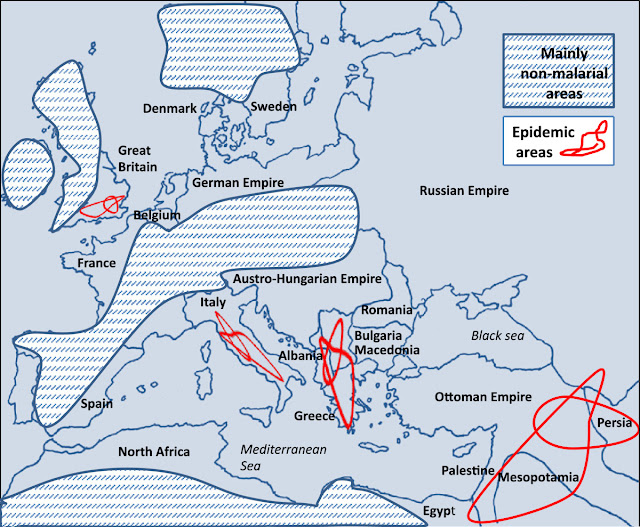 Malarious regions in Europe during the First World War