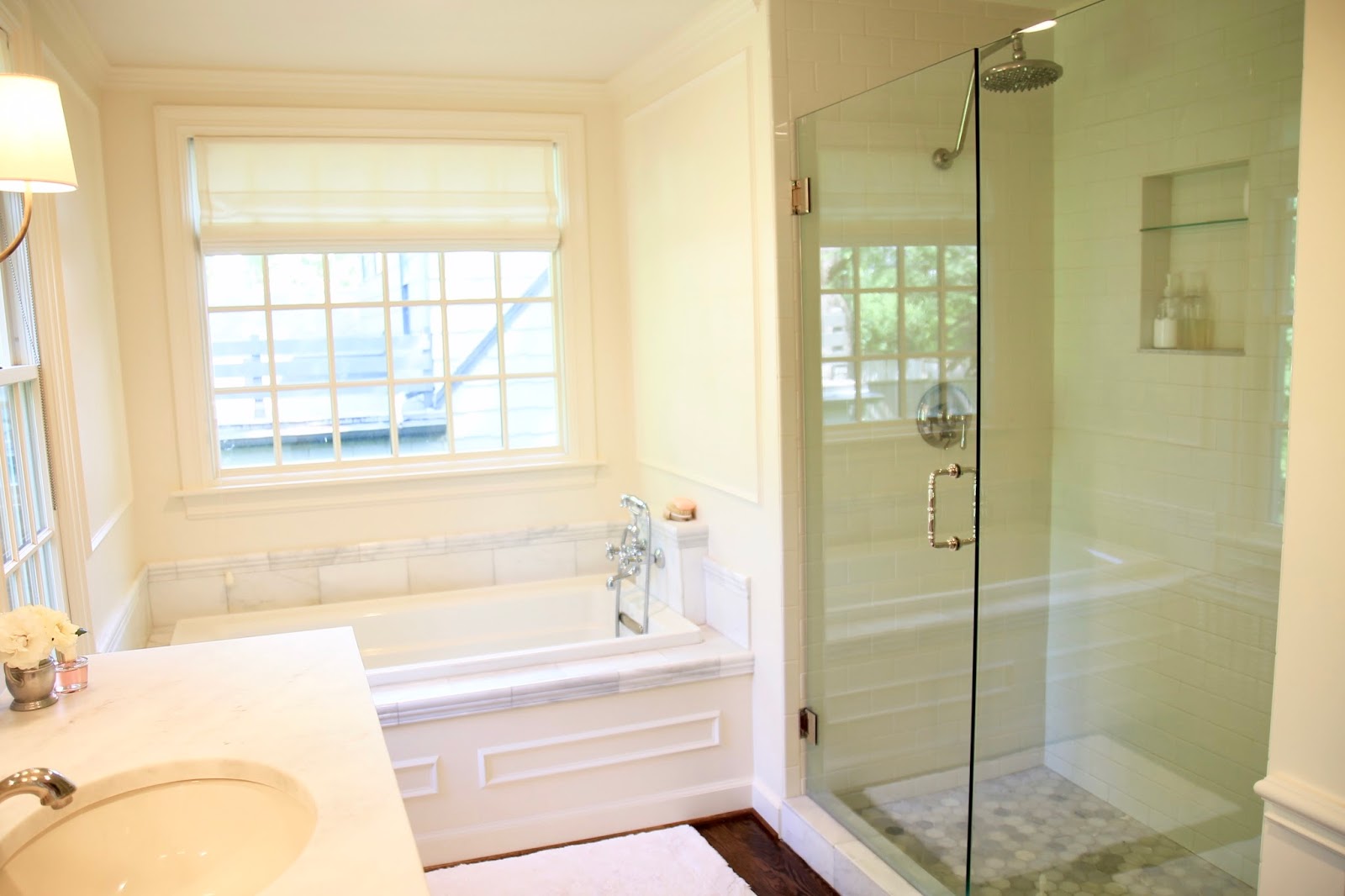Jenny Steffens Hobick Our Master Bathroom White, Ivory, Marble, Subway, Brass & Glass