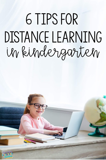 6 tips for distance learning in kindergarten from a kinder teacher.  Engage families, keep things organized, and fun all while teaching from home during remote learning.  It can be tricky to get 5 year olds engaged outside of the classroom but these free editable lesson plans, printable choice menus, and other tips will help!