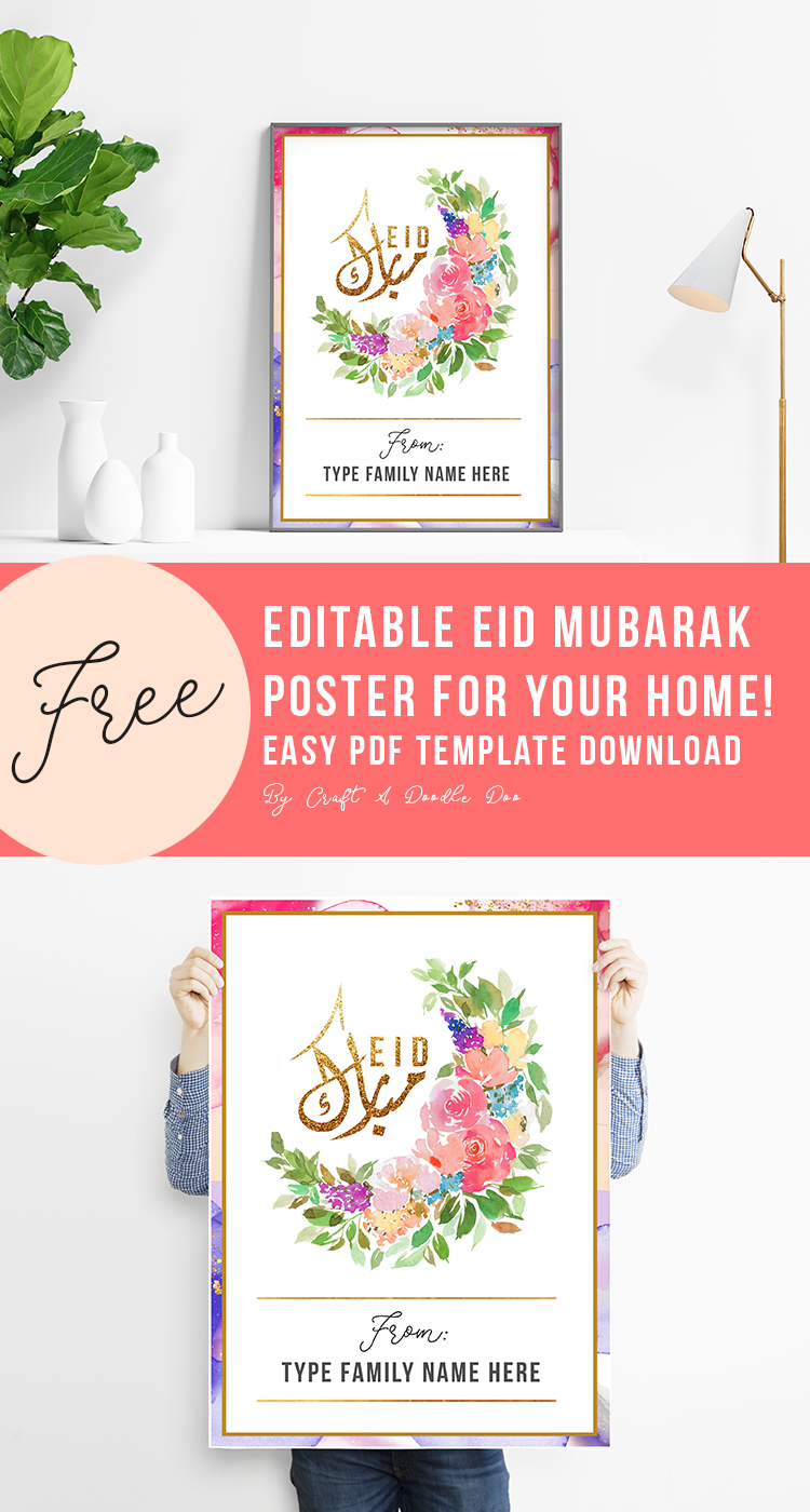 Editable Eid Watercolor Printable Wall Decor welcome poster by Craft A Doodle Doo #freeeidprintable #eidwalldecor #eidwatercolordecor #cuteeiddecor #eiddecorideas #freepdftemplate