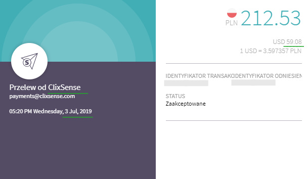 ClixSesne, dowód wypłaty 2019. ClixSesne, dowód wypłaty 2019.