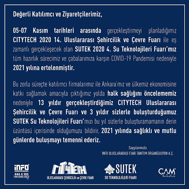 CityTech ve SuTek 2020 Fuarları İptal Oldu