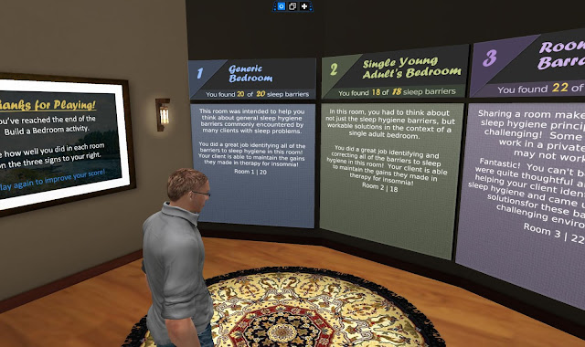 A virtual man stands in front of three boards with text on them