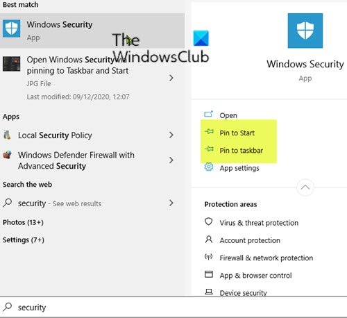작업 표시줄 및 시작 메뉴-2에 고정을 통해 Windows 보안 열기