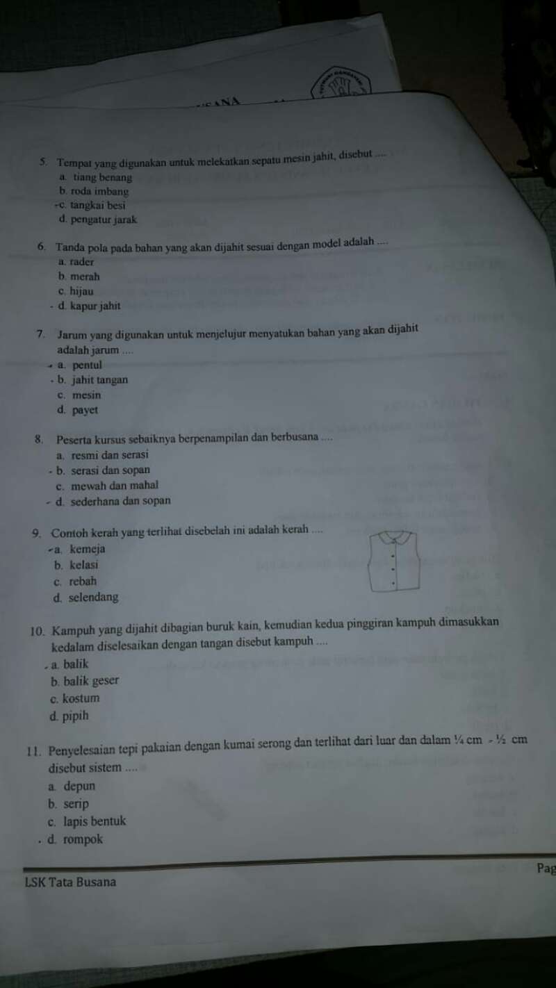 Uji Kompetensi Menjahit Minggu 13 Januari 2019 Soal Pertanyaan Dan Kunci Jawaban