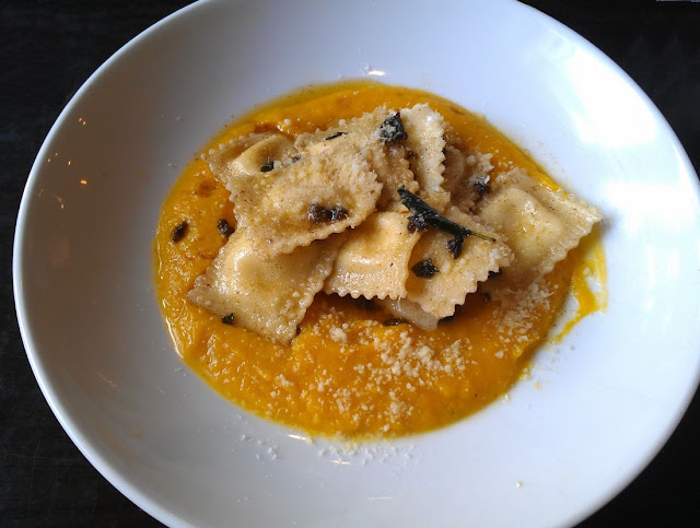 Ricotta ravioli with pumpkin puree and sage burnt butter sauce