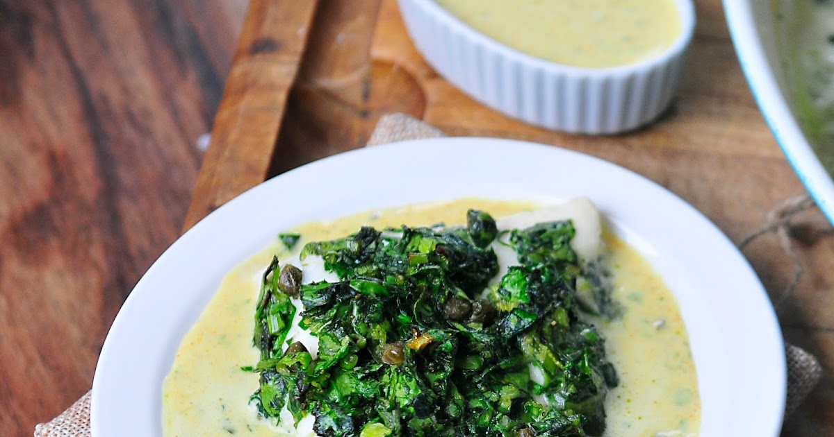 Simply Gourmet Oven Poached Halibut with Spinach, Parsley, and Capers