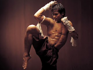 [tony jaa in stile myai thai con la gamba alzata]