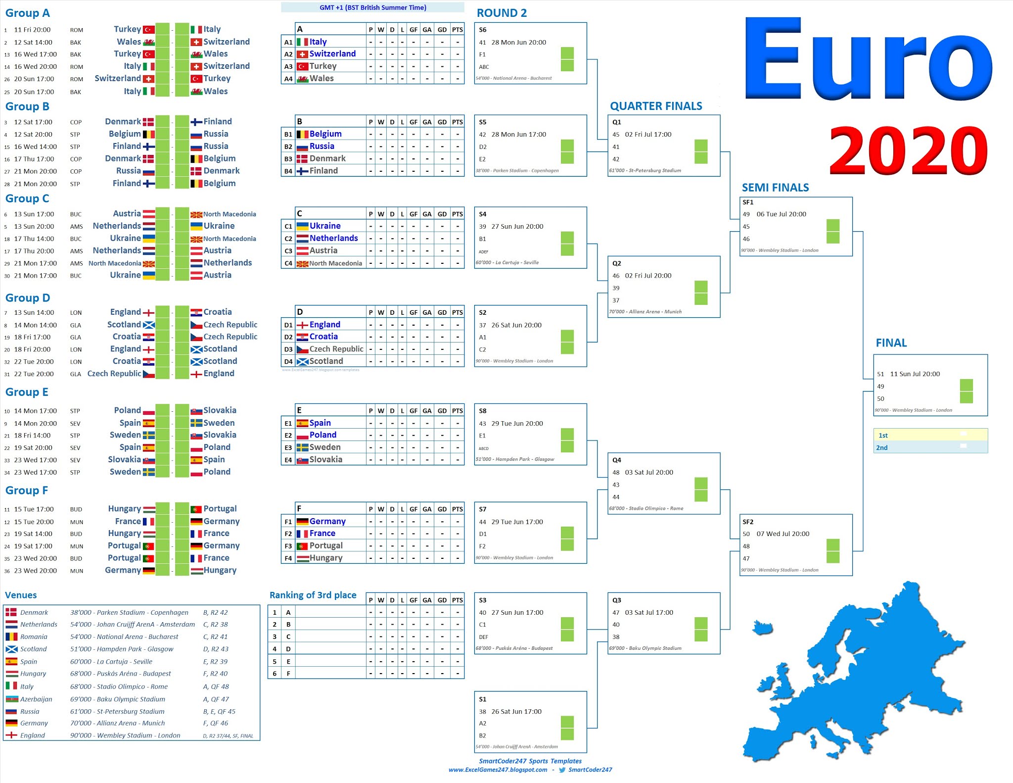 Smartcoder 247 - Euro 2020 Football Wallcharts and Excel Templates