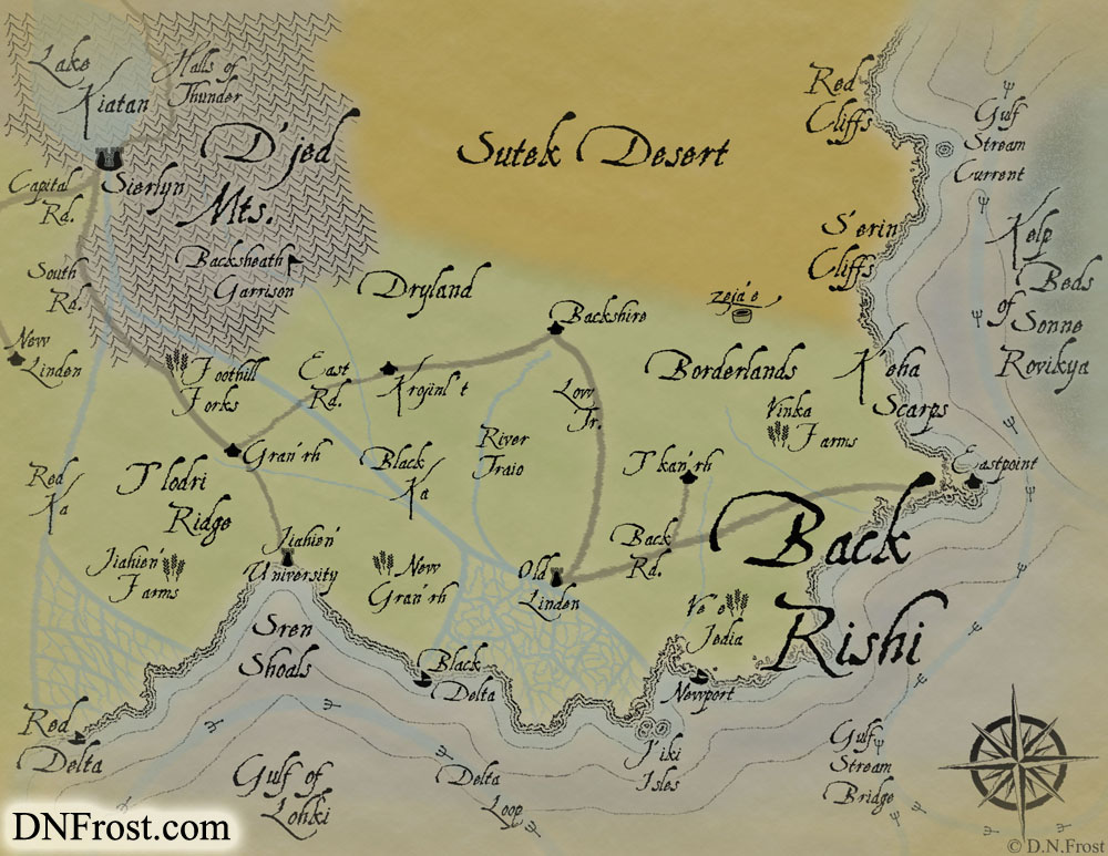 The Back Rishi: fertile river deltas in the elf heartland www.DNFrost.com/maps #TotKW A map for Broken by D.N.Frost @DNFrost13 Part of a series.
