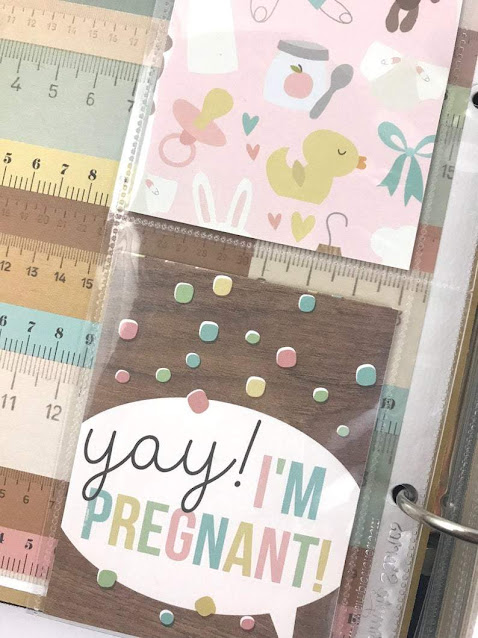 Pregnancy Scrapbook Album page with polka dots, baby toys, and pastel colors