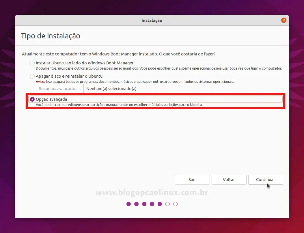 Selecione a 'Opção avançada' e clique no botão 'Continuar'