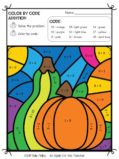 Thanksgiving Color By Number Math Facts Practice Addition pumpkin colored