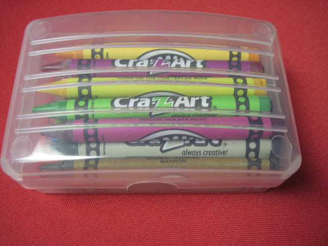 Crayons packed in soap dish for Operation Christmas Child shoebox packing.