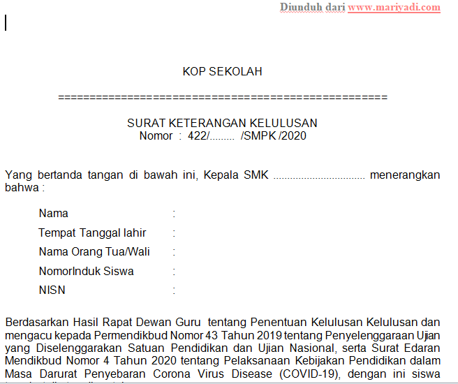 Contoh Surat Keterangan Lulus Smk 2020 Mariyadi Com