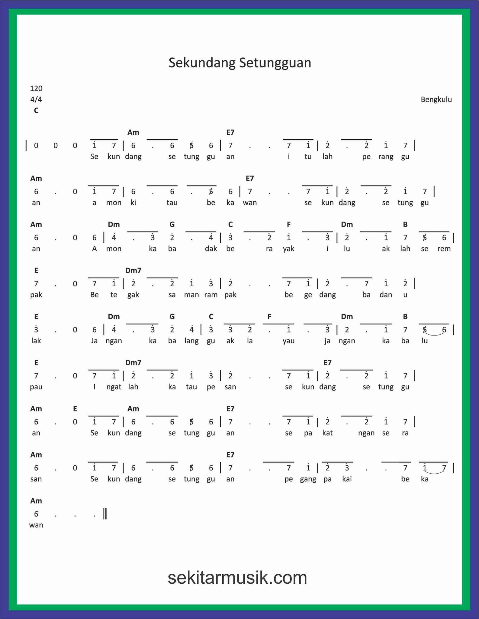 Not Angka Lagu Sekundang Setungguan Sekitar Musik