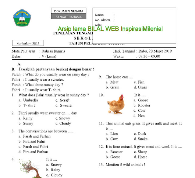 Download Soal Penilaian Tengah Semester Pts Genap Bahasa Inggris Kelas 5 Sd Terbaru Tahun 2019 Gratis Bilal Web Inspirasimilenial
