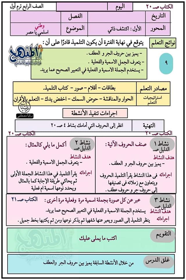 نموذج تحضير لغة عربية الصف الرابع الابتدائي الفصل الدراسي الأول ٢٠٢٢ 9