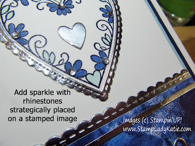 Close up of the rhinestones on a card made with Stampin'UP!'s Be Mine Dies and Meant to Be Stamp Set