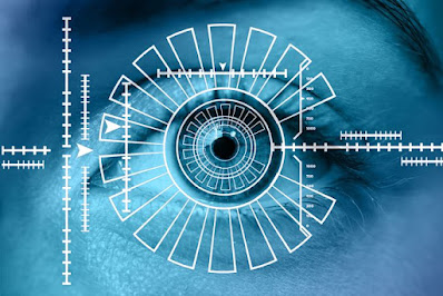 El ojo de una mujer, detallando su iris, y alrededor del ojo, unas marcas de biometría.