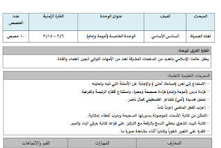 تحضير الوحدة الخامسة في اللغة العربية للصف السادس الفصل الثاني