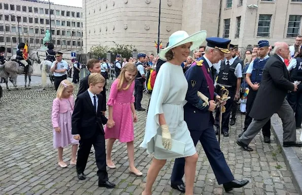 King Philippe of Belgium and Queen Mathilde of Belgium their children Princess Eleonore, Prince Emmanuel, Prince Gabriel and Crown Princess Elisabeth attend a religious service