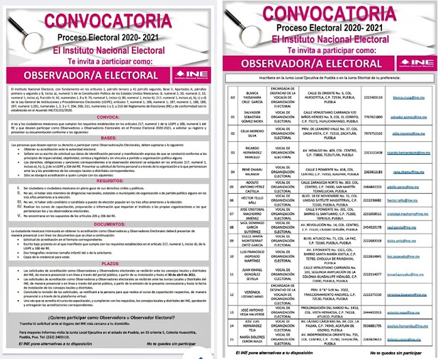 Invita INE Puebla a la ciudadanía a participar como observadores/as electorales en las elecciones 2021