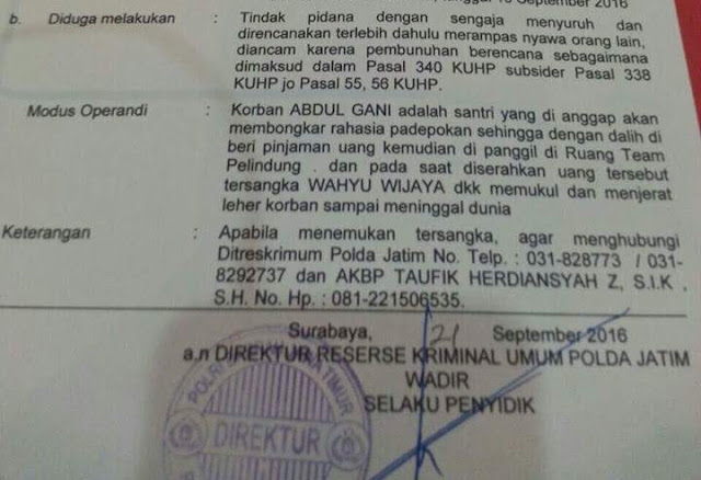 Ternyata Benar, Taat Pribadi dkk bunuh Abdul Gani, Pengikutnya yang Mau Buka Kedok Gandakan Uang