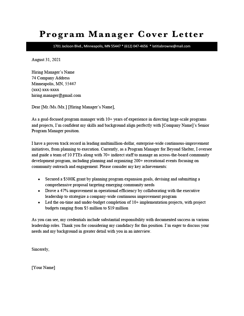 sample cover letter for program officer position