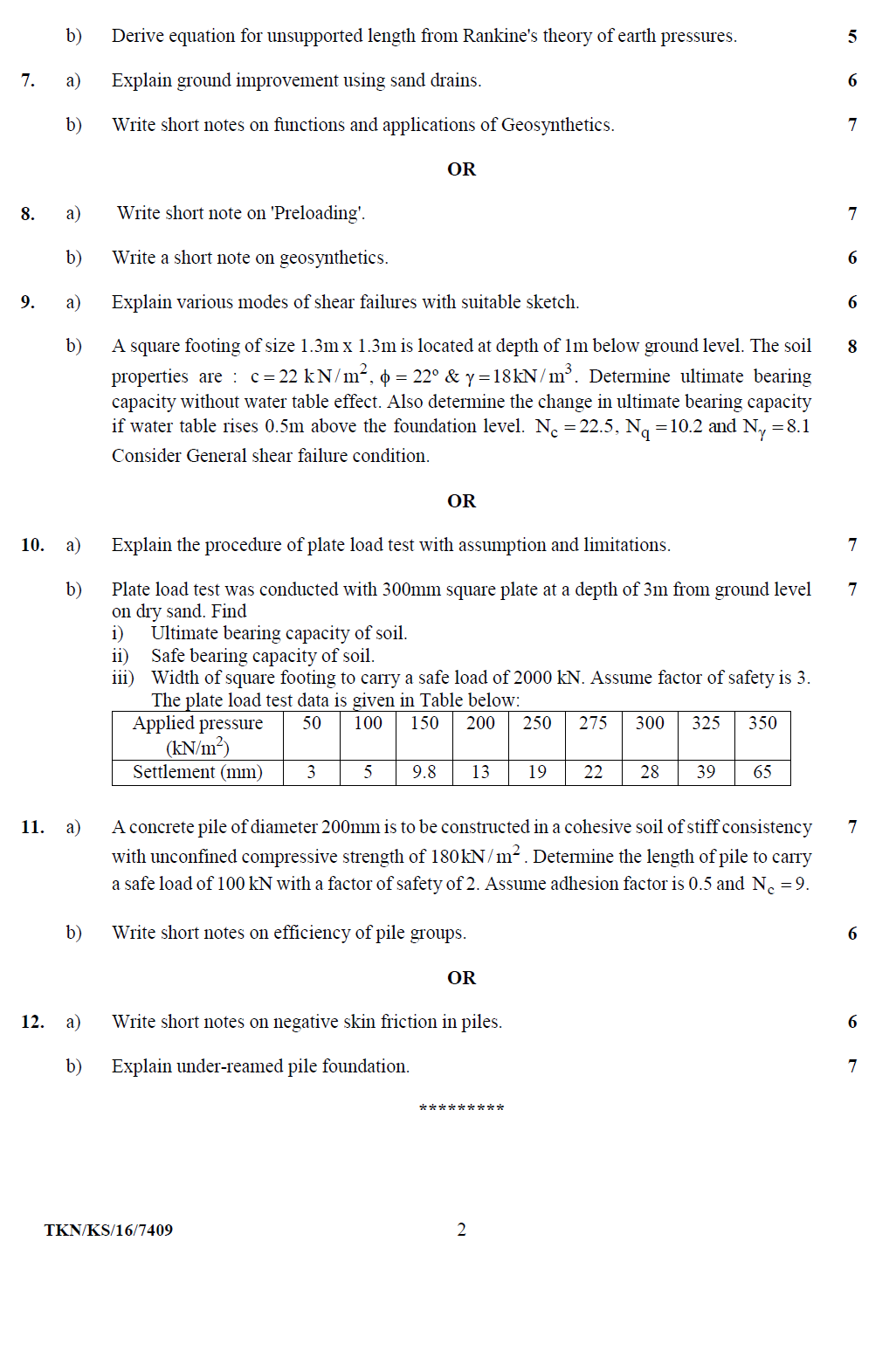 RTMNU 5th Semester B.E Civil Geotechnical EngineeringII 2016 Question