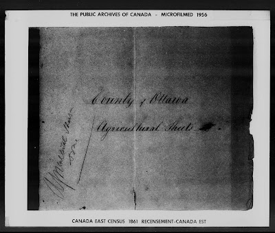 1861 Census of Canada, Canada East, Ottawa County, agricultural schedule,enumeration district (ED) Ottawa, cover page, digital image, Library and Archives Canada. Collections Canada (http://data2.collectionscanada.gc.ca/1861/jpg/4108807_00560.jpg: accessed 22 Mar 2020).