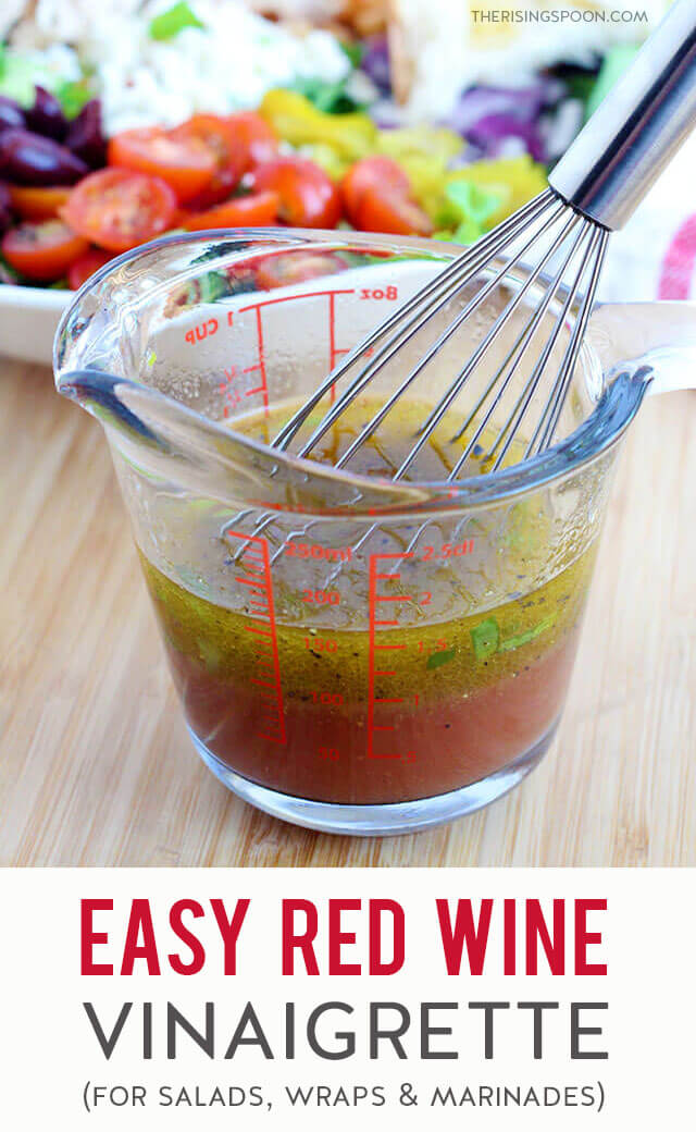 A quick & easy recipe for delicious red wine vinaigrette you can fix in minutes using simple pantry ingredients like olive oil, red wine vinegar, mustard, and maple syrup. This tangy dressing is perfect for leafy salads, pasta salads, chicken wraps, chopped fresh veggies, and marinades. (gluten-free, grain-free, dairy-free & vegan)