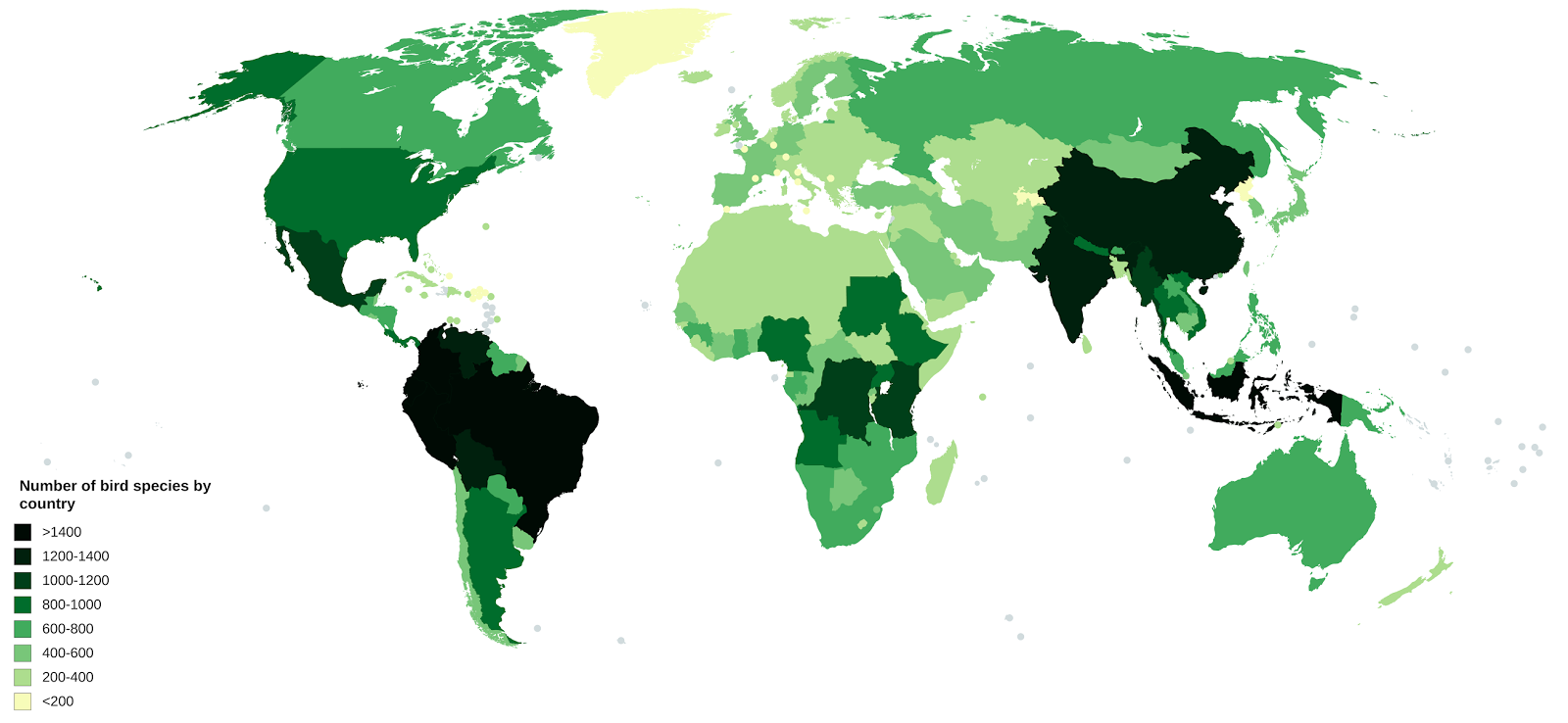 Number of species of birds by country