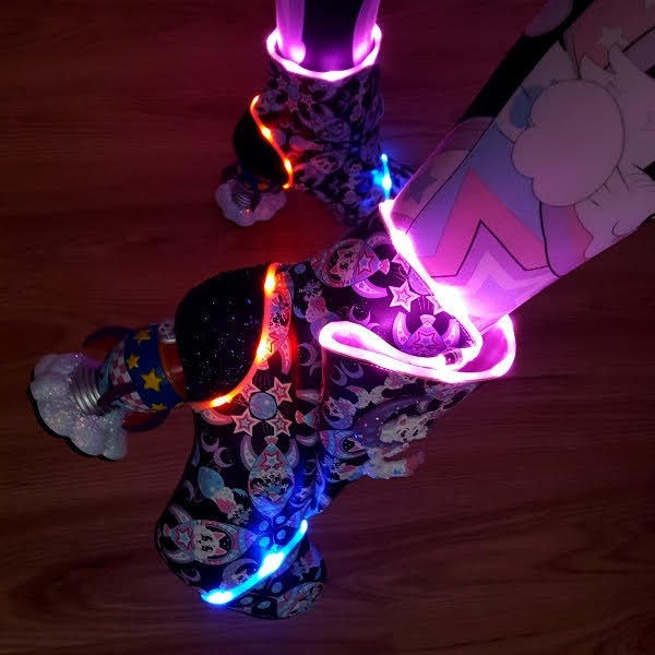 close up of LED lighting on ankle boot in darkness