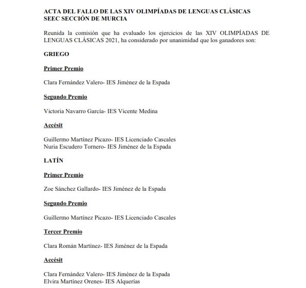 SEEC Sección Murcia Ganadores XIV Olimpíadas de Lenguas Clásicas de la