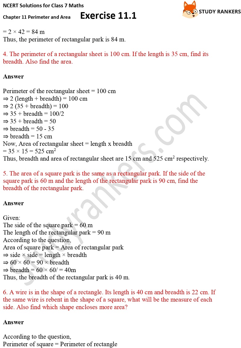 NCERT Solutions for Class 7 Maths Ch 11 Perimeter and Area Exercise 11.1 2