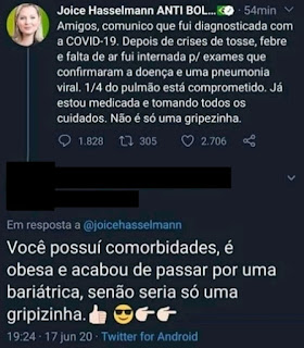 DEU POSITIVO: Deputada Joice Hasselmann diz que foi infectada pelo coronavírus joi - DEU POSITIVO: Deputada Joice Hasselmann diz que foi infectada pelo coronavírus