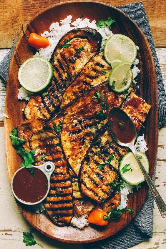 Spicy Jamaican jerk spiced grilled eggplant! Ready in 30 minutes, incredibly flavorful, and the perfect plant-based side dish!