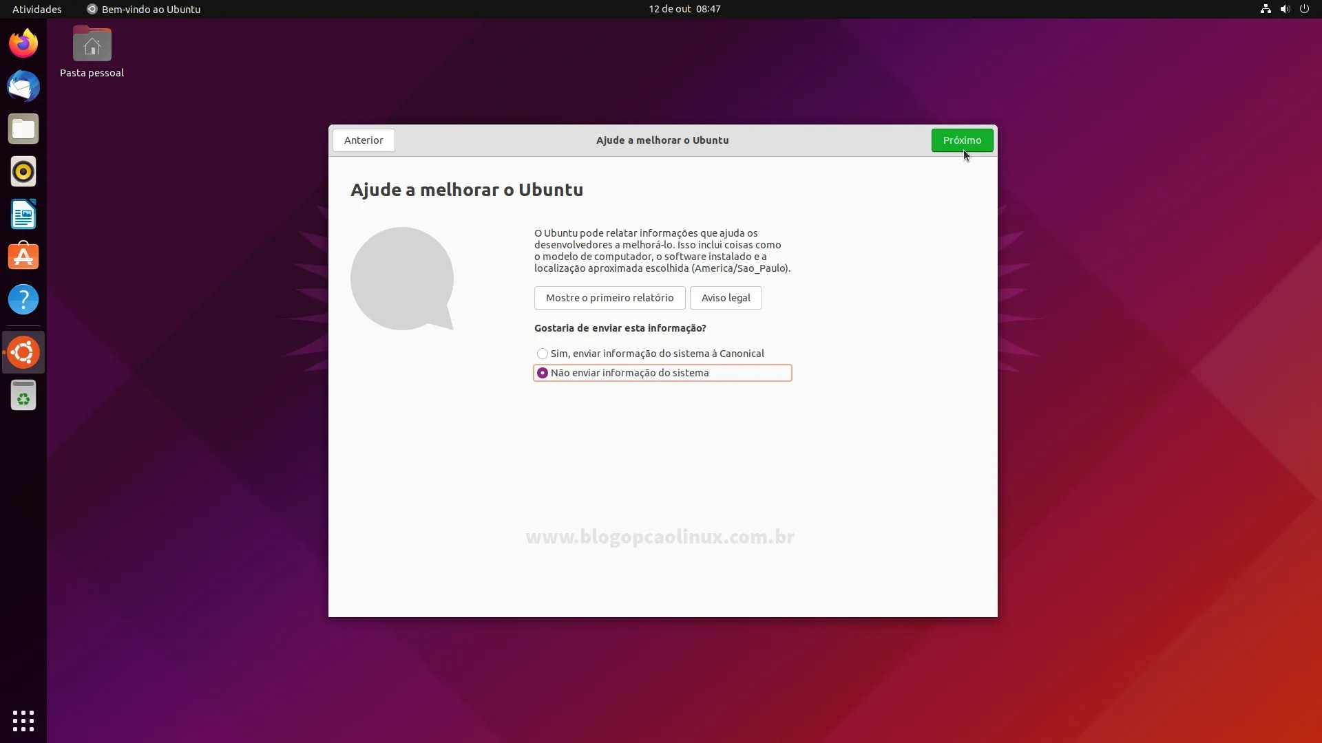 Selecione se deseja ou não enviar um relatório com informações sobre o seu sistema à Canonical