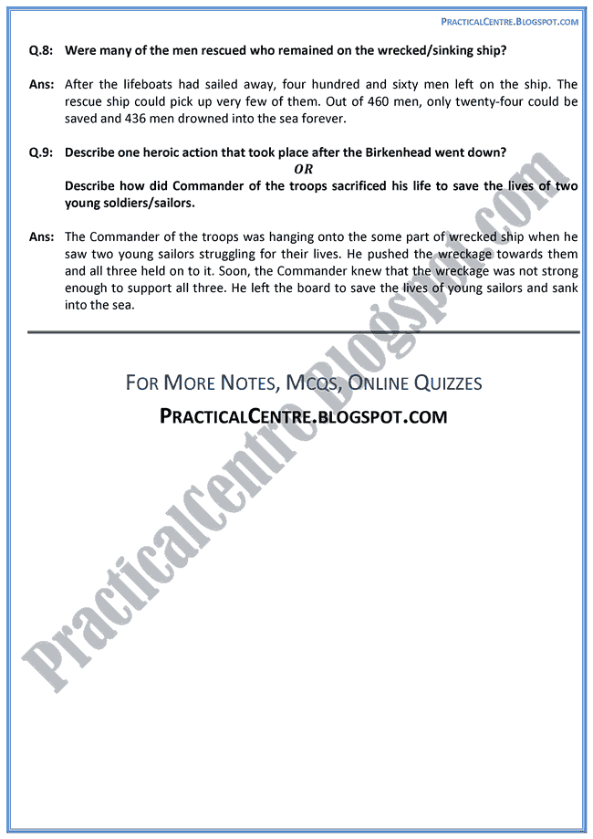 The Birkenhead Drill (Prose) Questions Answers English XI