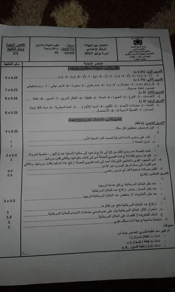 المستوى الثالثة إعدادي:تصحيح الامتحان الجهوي لمادة علوم الحياة و الأرض دورة يونيو 2017 لجهة بني ملال خنيفرة