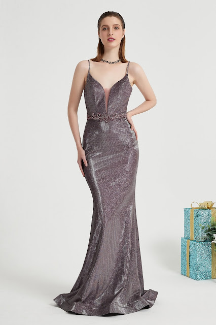 Purple Spaghetti Sparkle Elegant Party Prom Dress