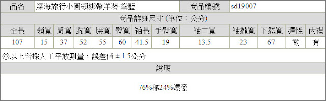 口袋裡的夏天舒棉開襟莫蘭迪藍七分袖洋裝尺寸表