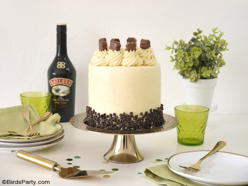 Chocolate Layer Cake with Baileys Condensed Milk Frosting - easy and quick to make Russian buttercream frosting, perfect for Saint Patrick's Day! by BirdsParty.com @birdsparty #saintpatricksday #layercake #baileys #baileyscake #chocolatecake #baileyslayercake #russianbuttercream #sweetcondensedmilk #frosting #buttercream #saintpaddysday