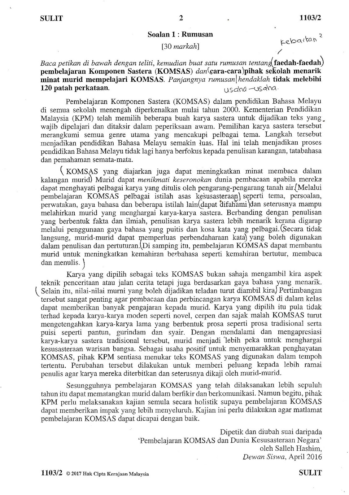 Laman Bahasa Melayu SPM: SOALAN KERTAS BAHASA MELAYU 2 (1103/2) SPM 2017