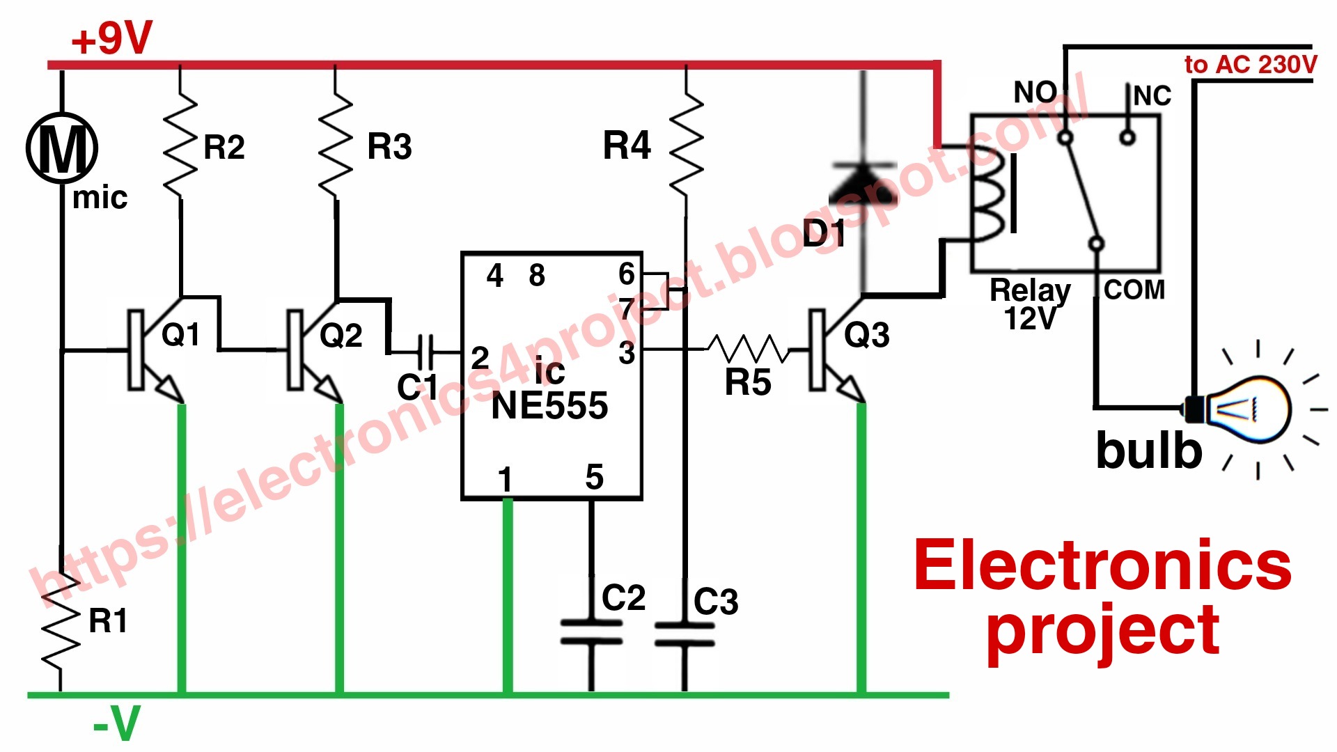 Electronics project: Sound detector switch circuit diagram
