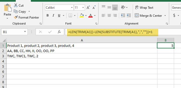 Tel door komma's gescheiden waarden in een enkele cel in Excel en Google Spreadsheets