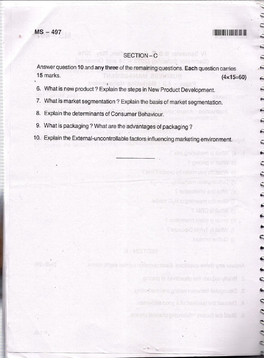 Bangalore University B.B.M. Business Management Paper 4.3 Marketing