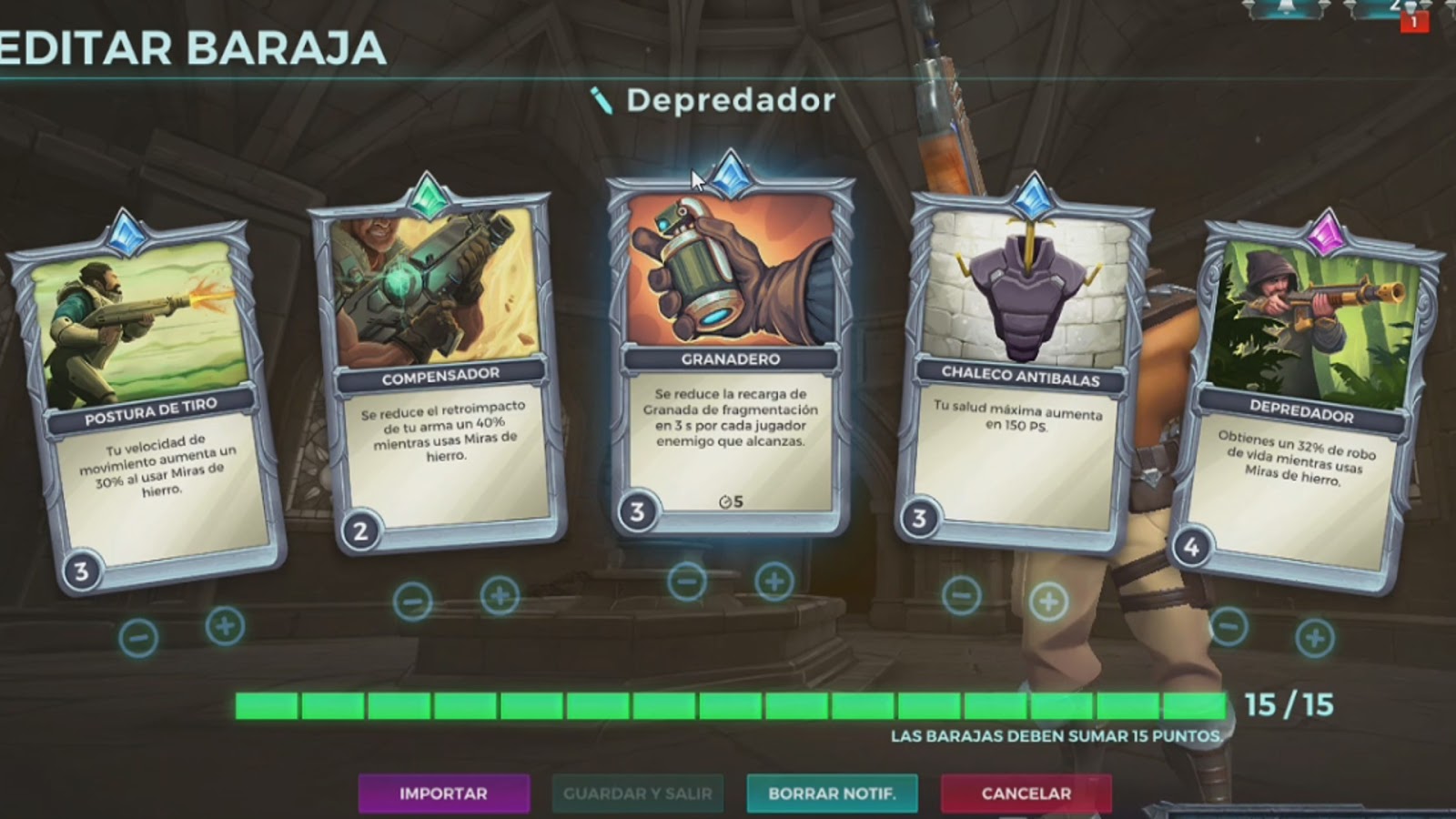 Como ven la baraja se usa con el talento de mira de hierro y podremos